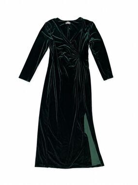 Robbie Bee Green Velvety Faux Wrap Maxi Dress With Slit Women's L Stretchy
